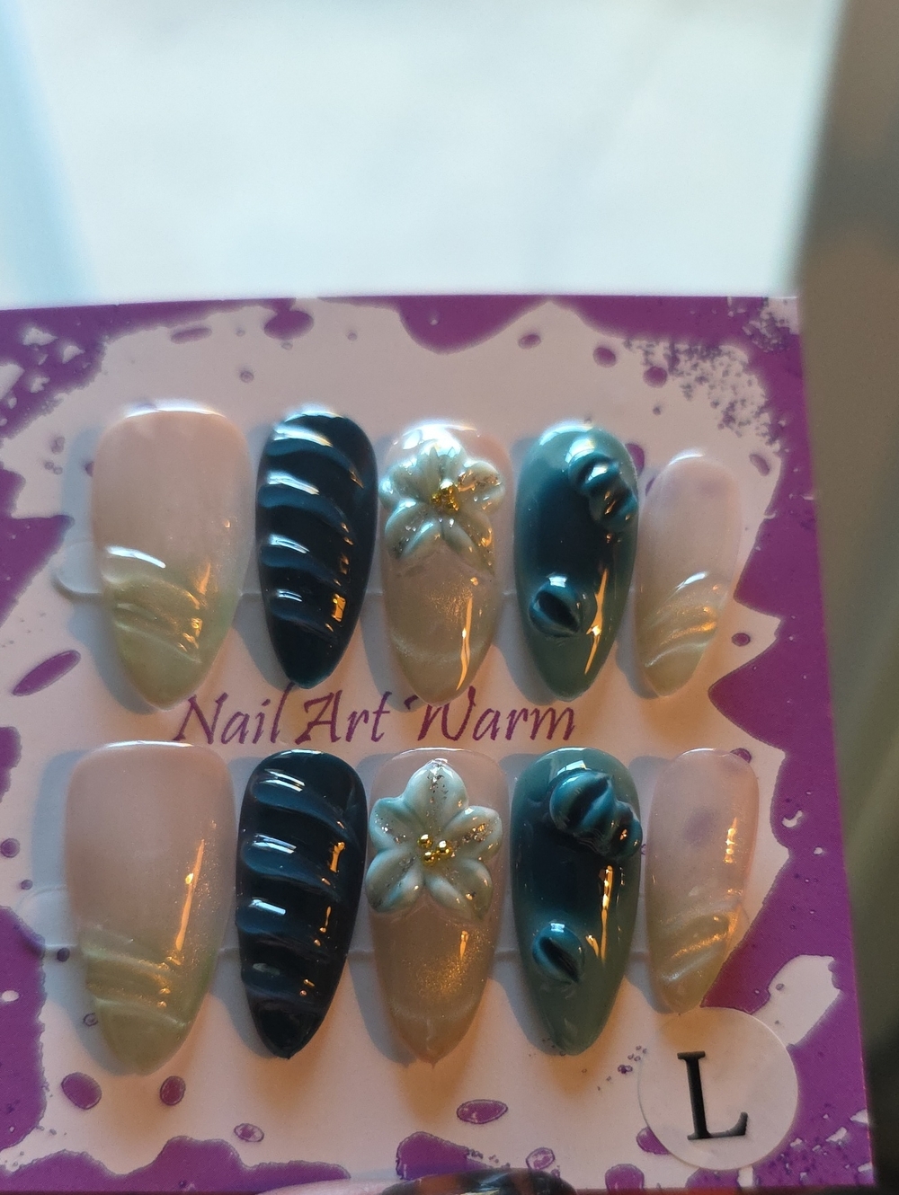 Teal & Ivory Press-On Nail Set Size Large